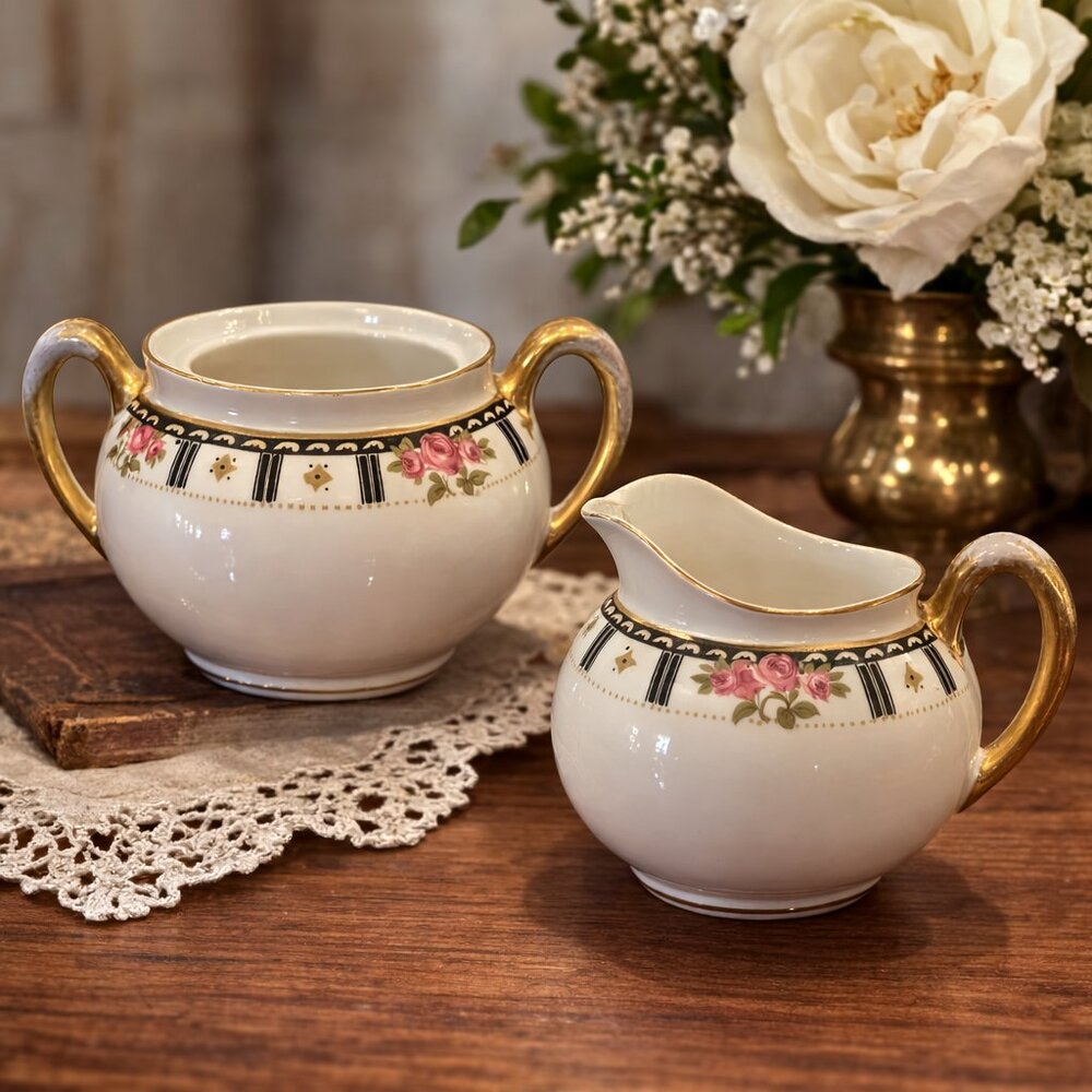 Vintage‎ Cleveland China Sugar Bowl & creamer Bridal Rose Pattern Gold & Crazing